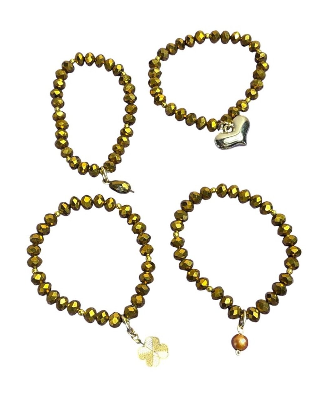 Set of 4 Goldtone Beaded Stretchy Bracelets Faceted 6.5 inches Heart Clover